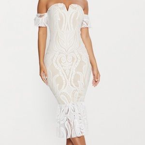 Pretty Little Thing - White/Tan off the shoulder lace midi dress